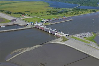 Aerial view over the Eider Barrage