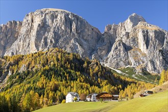 Houses in front of Dolomites in autumn