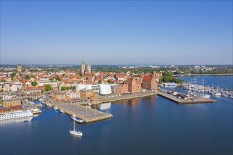 Aerial view over marina in the harbour of the Western Pomeranian city Stralsund along the Strelasund in summer
