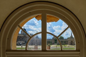 View through a semi-circular window in the New Palace on the so-called Comuns