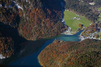Aerial view over lake Koenigssee from the mountain Jenner in autumn