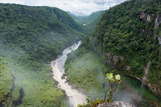 Aerial view over the Potaro River from atop the Kaieteur Falls in the Kaieteur National Park