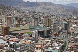 View over the city La Paz and the sports stadium Estadio Hernando Siles