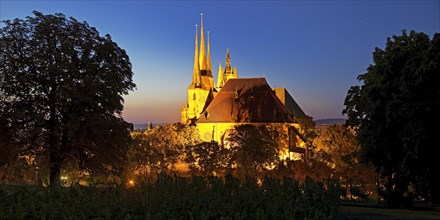 Severi Church and Erfurt Cathedral in the evening seen from Petersberg