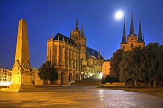 Erfurt Cathedral and Severi Church with Erthal Obelisk and Full Moon