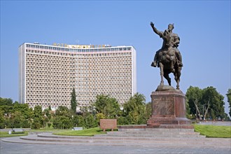 Hotel Uzbekistan and equestrian statue of great statesman and commander Amir Temur in the capital city Tashkent