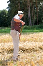 Farmer in the field turning straw