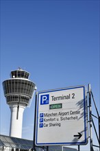 Signage parking at Munich Airport with Tower