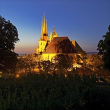 Severi Church and Erfurt Cathedral in the evening seen from Petersberg