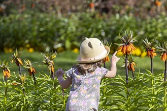 Toddler pointing to an orange flower