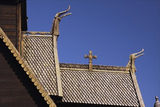 Detail of wooden sculptures on roof of the wooden Lom Stave Church