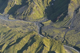 Aerial view over the mountain ridge Thorsmork