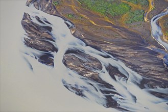 Aerial view over the glacier river Pjorsa