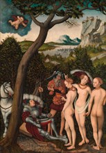 The Judgement of Paris, a famous episode of Greek mythology. The youth Paris must pass judgement on which of three goddesses is the most beautiful: Aphrodite, Athena or Hera, painting by Lucas Cranach...