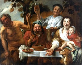 The Satyr, hybrid creature of Greek mythology, and the peasants, painting by Jacob Jordaens, Historical, digitally restored reproduction of a historical work of art
