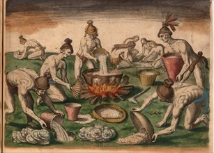 Men pour grain into a pot on the fire while woman sort food on the floor. Plates lie to be washed next to a hole where water has been placed. A man grinds herbs on a stone in the background. Includes ...