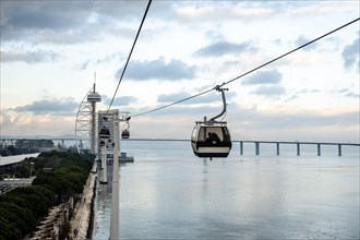 Cable car called Telecabine along Tagus River in Lisbon, the capital city of Portugal