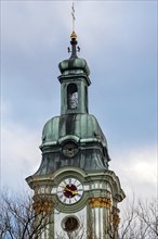 Spire with clock, Fuerstenfeld Abbey, former Cistercian abbey in Fuerstenfeldbruck, Bavaria, Germany, Europe