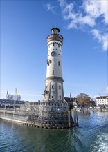 Pier with New Lindau Lighthouse, Lindau Harbour Entrance, Lindau Island, Lake Constance, Bavaria, Germany, Europe