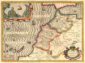 Atlas, map from 1623, Morocco, digitally restored reproduction from an engraving by Gerhard Mercator, born as Gheert Cremer, 5 March 1512, 2 December 1594, geographer and cartographer, Africa
