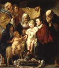 The Holy Family with St. Anne and the Young Baptist and his Parents, Painting by Jacob Jordaens, Historical, Digitally restored reproduction from a historical work of art