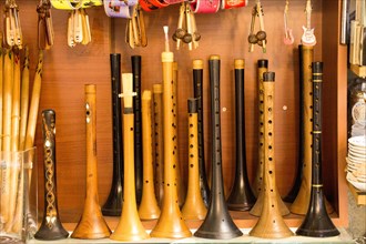 Dozens of handmade wooden flutes or shrill pipe