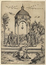 Marcus Curtius Falling into the Abyss, Marcus Curtius was a soldier in popular legend who died a sacrificial death in 362 BC, painting by Lucas Cranach the Elder, 4 October 1472, 16 October 1553, one ...