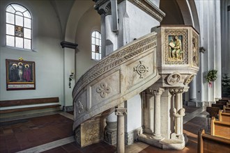 The Pulpit, Neo-Romanesque Parish Church of St. Anne in Lehel, Munich, Bavaria, Germany, Europe