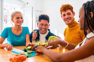 Portrait of a group of friends preparing vegetarian food. Preparing the salad and having fun