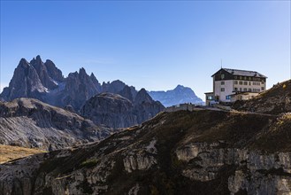 The Auronzo Hut, behind the peaks of the Cadini di Misurina, Dolomites, South Tyrol, Italy, Europe