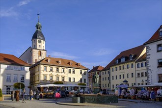 Market place with church, Schmoelln, Sprottetal, Altenburger Land, Thuringia, Germany, Europe