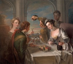 The Sense of Taste, Group of four people tasting different foods, Painting by Philippe Mercier