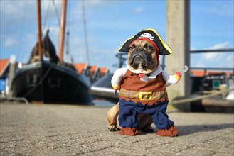Funny brown French Bulldog dog dressed up in pirate costume with hat and hook arm standing at harbor with boats in background