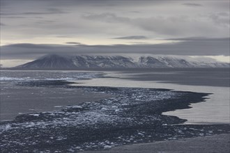 Floating ice chunks with patterns and structures in the water, mountain range behind, Hinlopen Strait, Spitsbergen, Svalbard