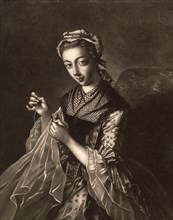 Woman doing housework, sewing, sewing work, c. 1750, France, Historical, digitally restored reproduction of a historical original, Europe
