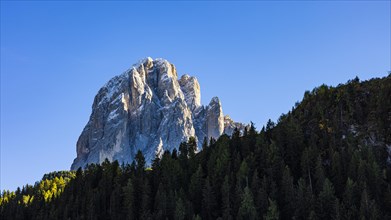 Snow-covered summit of the Sassolungo in the evening light, Val Gardena, Dolomites, South Tyrol, Italy, Europe