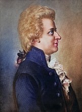 Wolfgang Amadeus Mozart, baptised as Johannes Chrysostomus Wolfgangus Theophilus Mozart, was a prolific and influential composer of the classical era, Historical, digitally restored reproduction of a ...