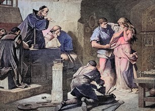 Interrogation of a woman, who is accused of being a witch, Historical, digitally restored reproduction of an original from the 19th century, exact date unknown