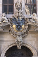 Middle entrance portal of the historic Wolf Town Hall, built in 1622, Nuremberg, Middle Franconia, Bavaria, Germany, Europe