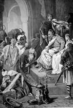Charlemagne, 2 April 742, 28 January 814, also known as Charlemagne, Carolus or Karolus Magnus or Charles I, here receiving Harun al-Raschid of Baghdad, Historical, digitally restored reproduction fro...