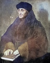 Desiderius Erasmus Roterodamus, known as Erasmus or Erasmus of Rotterdam, was a Dutch Renaissance humanist, Catholic priest, social critic, teacher and theologian, Historical, digitally restored repro...