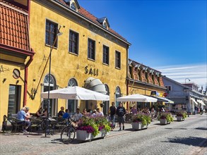 Cafe, Pedestrians in the Old Town, UNESCO World Heritage Site, Summer in Rauma, Satakunta, Finland, Europe