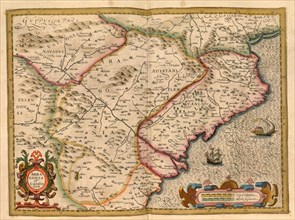 Atlas, map from 1623, Aragon and Catalonia, Spain, digitally restored reproduction from an engraving by Gerhard Mercator, born as Gheert Cremer, 5 March 1512, 2 December 1594, geographer and cartograp...