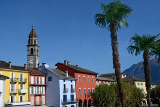 Houses and church of Santi Pietro e Paolo on the lake promenade of Ascona, Canton Ticino, Switzerland, Europe