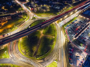 Night Top Down over Penn Inn Flyover and Roundabout from a drone Newton Abbot, Devon, England, United Kingdom, Europe
