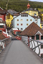 Footbridge between the village centre and the valley station of the Mont Seuc gondola lift, Ortisei, Val Gardena, Dolomites, South Tyrol, Italy, Europe
