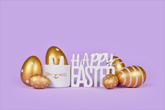 Golden easter eggs and text Happy easter on violet background