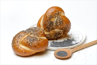 Buns with poppy seeds, linseeds and sesame seeds, pretzel roll with blue poppy seeds in cooking spoon