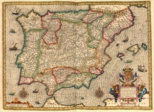 Atlas, map from 1623, Iberian Peninsula, Spain, Portigal, digitally restored reproduction from an engraving by Gerhard Mercator, born as Gheert Cremer, 5 March 1512, 2 December 1594, geographer and ca...