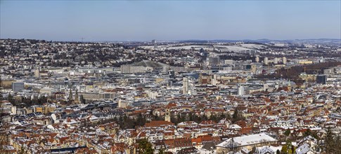 Stuttgart in the snow, view from the vantage point Santiago-de-Chile-Platz over the state capital, city centre with Schlossplatz, collegiate church and main station, panorama photo, Stuttgart, Baden-W...